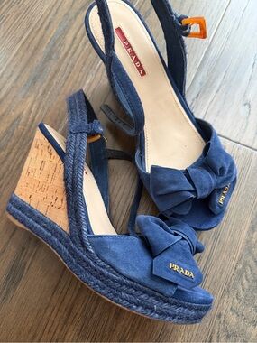 Prada Blue Suede Bow Wedge Sandals